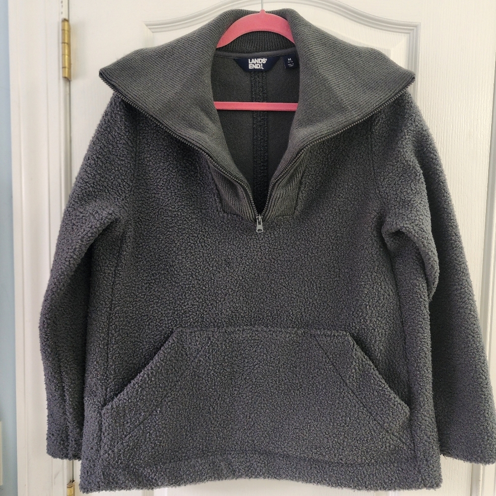 Lands' End Men's Sherpa Quarter-Zip Sweater, Size Medium, Charcoal Gray